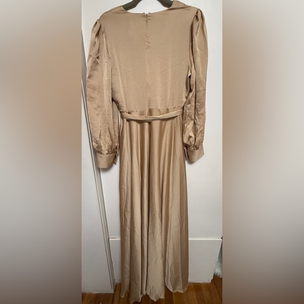 Long Sleeve Tie-Waist Maxi Dress in light Camel beige Size 12 A-line - Picture 9 of 9